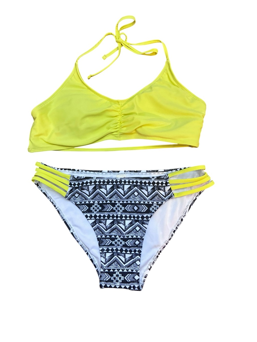 Neon Halter, Strapy, Bikini Top with Black & White Aztec Bikini Bottom